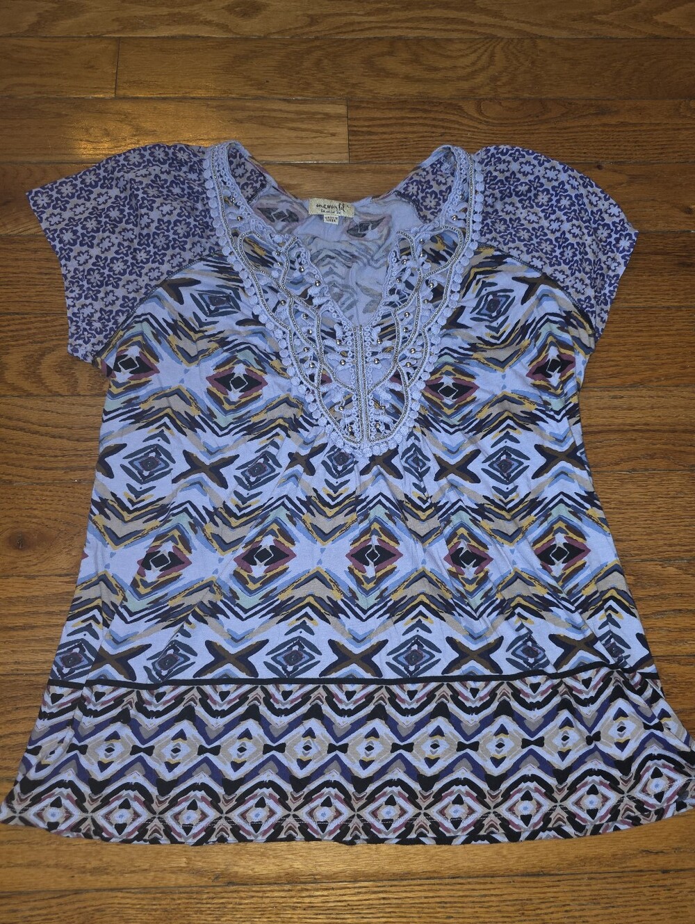 One World Short Sleeve Boho Print Tee in Lavender, Navy, Gold